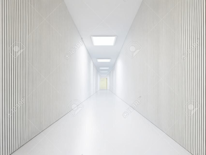 Long white corridor with the door at the end 