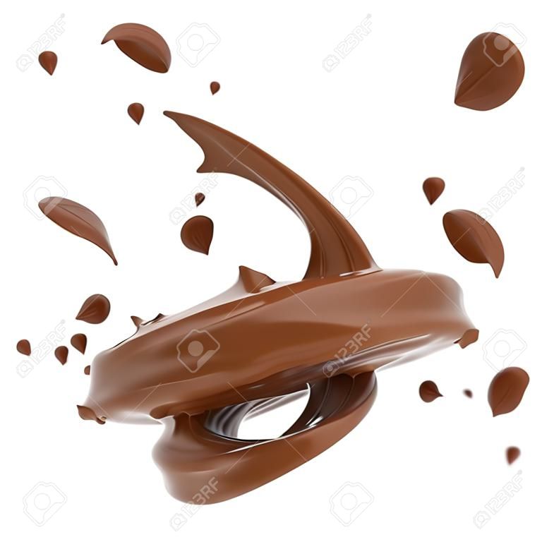 Verdrehtes Spritzen der Schokolade lokalisiert auf weißem Hintergrund. 3D-Rendering.