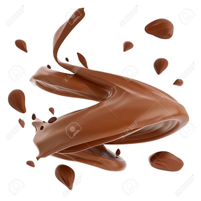 巧克力在白色背景隔绝的被扭转的飞溅。 3D渲染。