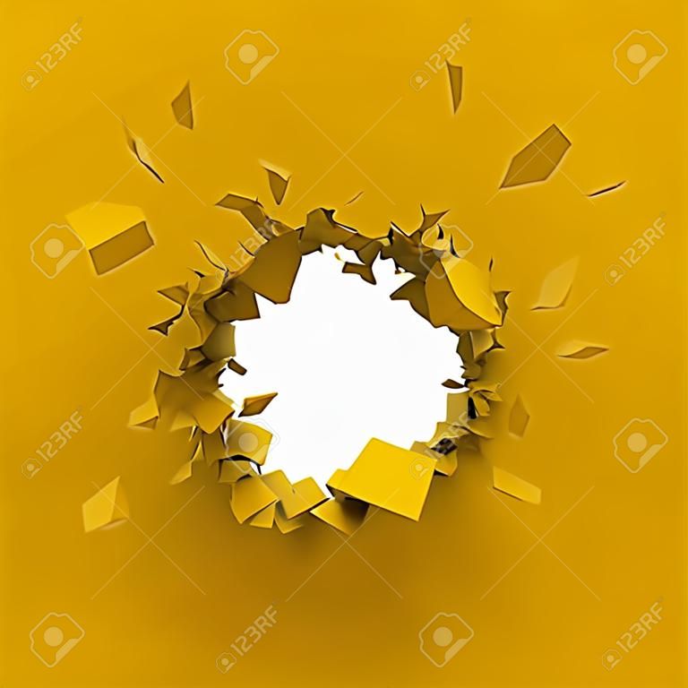 Explosion de mur jaune avec fond d'espace copie blanche. Paroi épaisse percée. Rendu 3D.