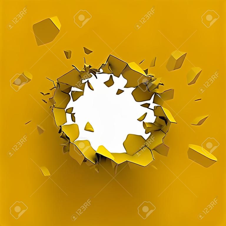 Gelbe Wand Explosion mit weißem Kopie Raum Hintergrund . Glühende Wand bricht aus . 3D-Rendering