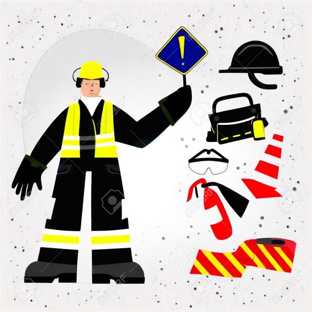Road Construction or factory industrial worker wearing hard hat, earmuffs, high visibility vest, work clothing and boots. Worker holding danger sign hazard warning. Safety equipment and PPE clipart
