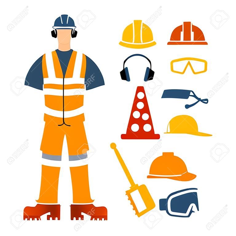 Construction or factory worker wearing hard hat, earmuffs, high visibility vest, work clothing and boots. Worker with traffic safety cone. Safety equipment and PPE clipart with warning tape, safety gloves
