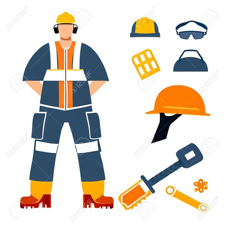 Construction or factory worker wearing hard hat, earmuffs, high visibility vest, work clothing and boots. Worker with traffic safety cone. Safety equipment and PPE clipart with warning tape, safety gloves