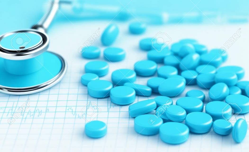 stethoscope, pills, vials in medical room on blue background top view mockup