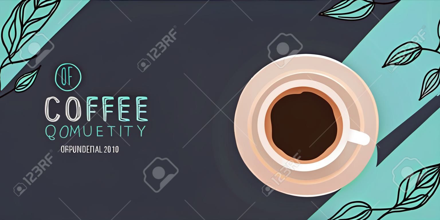 Cup of Coffee. Sketch banner with coffee beans and leaves on colorful background for poster or another template design