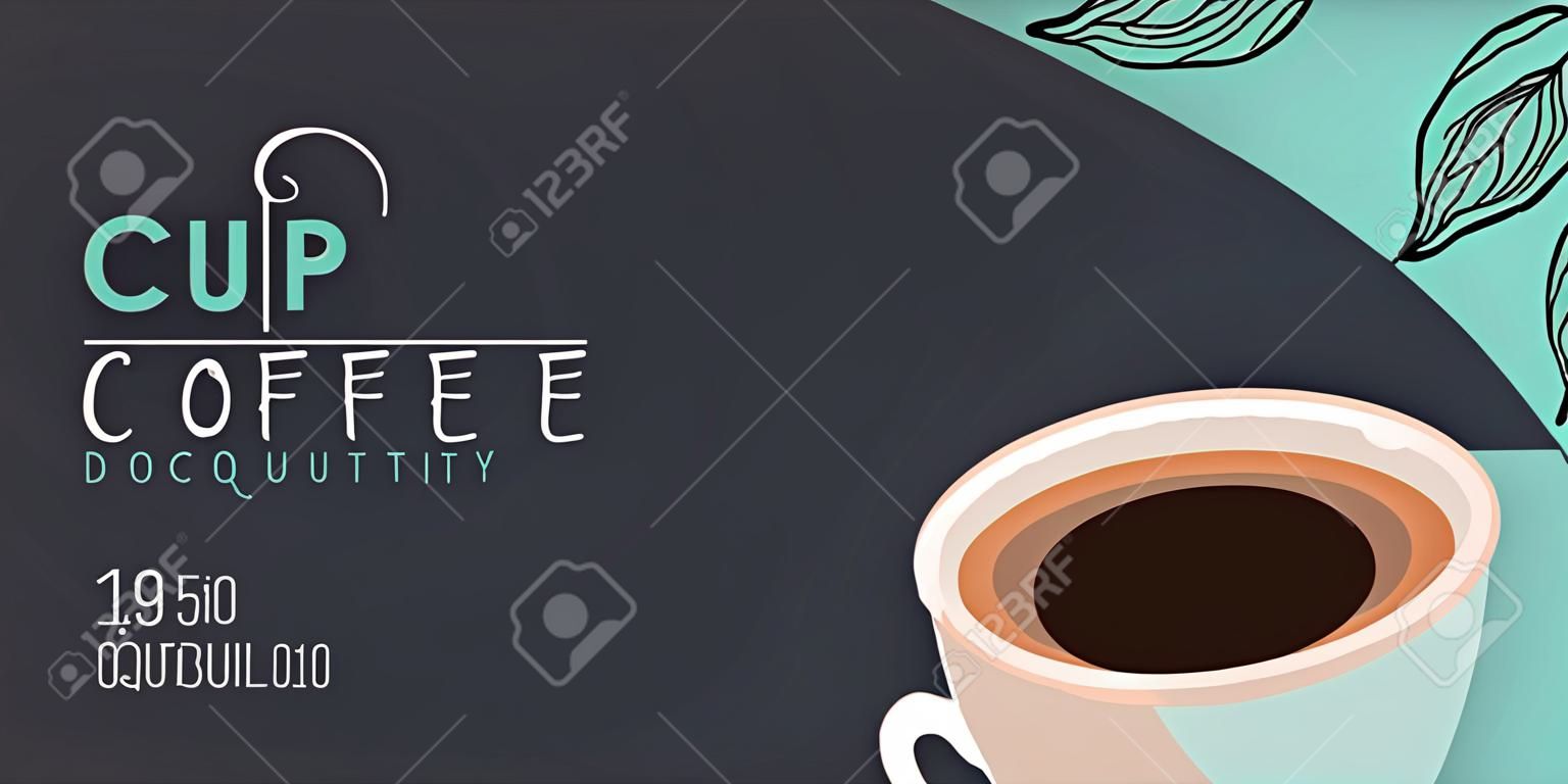 Cup of Coffee. Sketch banner with coffee beans and leaves on colorful background for poster or another template design