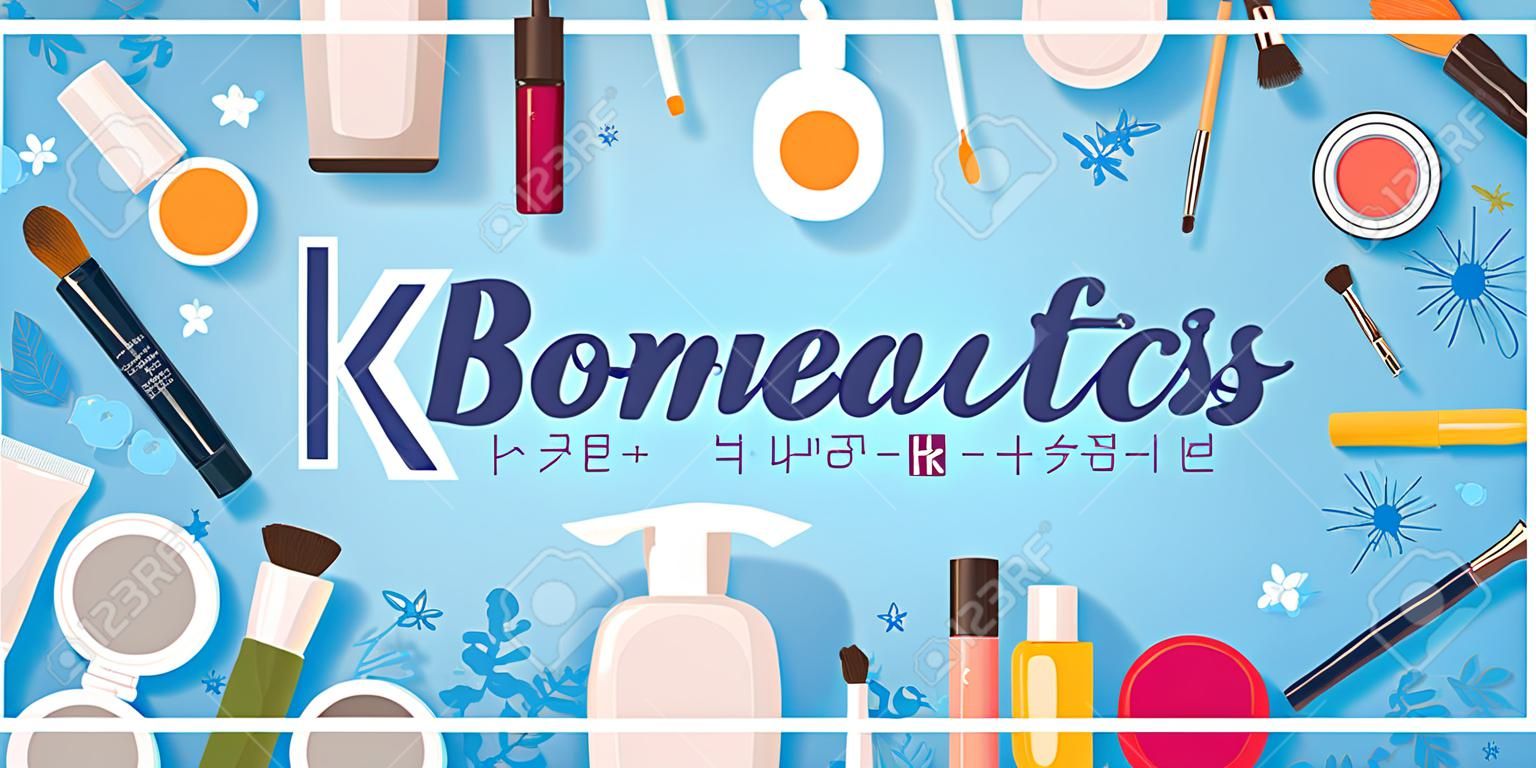 Cosmetici piatti coreani. K-Beauty banner con sfondo doodle di tiraggio della mano. Cura della pelle e trucco. Traduzione - Cosmetici coreani. Illustrazione di vettore.