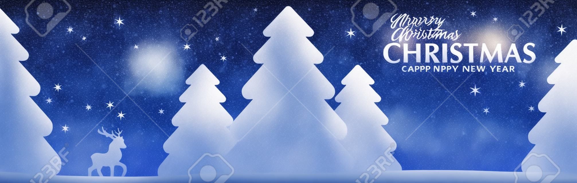 Feliz Natal e feliz ano novo cartão. Paisagem de inverno com árvores, veados e estrelas.