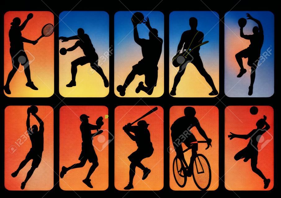 Sport players shadow Silhouette , basketball, tennis, baseball, volleyball, music, shot put, bike