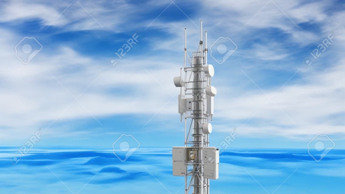 Telecommunication Antenna receiver on cell phone tower with 5G base station transceiver, aerial view.
