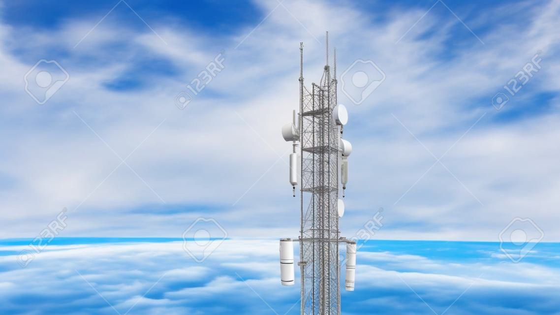 Telecommunication Antenna receiver on cell phone tower with 5G base station transceiver, aerial view.