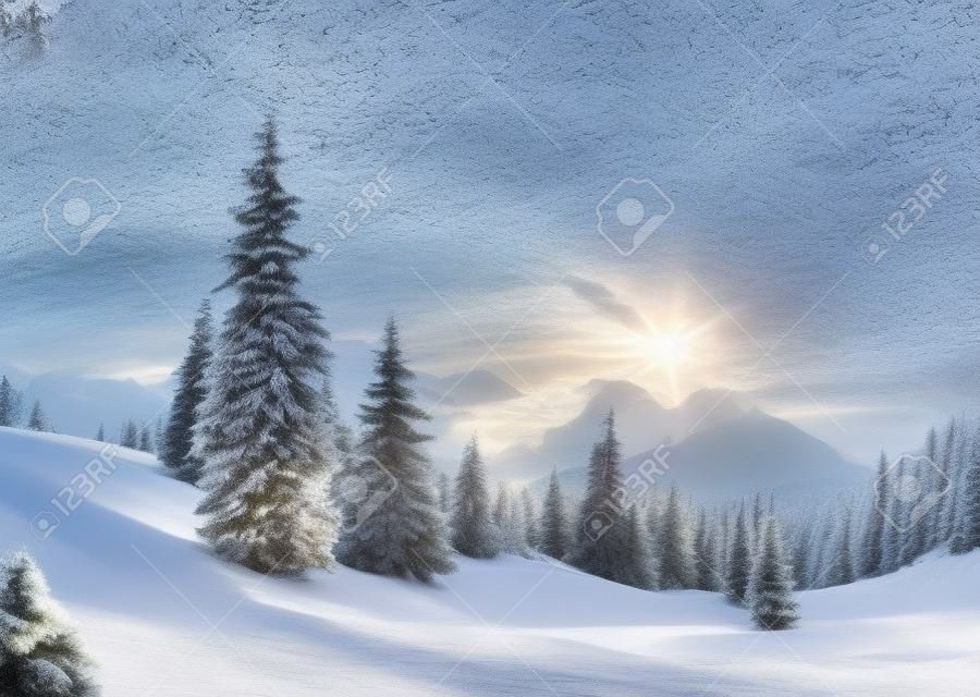 覆われた雪の木と素晴らしい冬の風景。魔法の冬のシーン。カルパティア、ウクライナ、ヨーロッパ。あけましておめでとう！冬の自然の壁紙。クリスマスの休日のコンセプト。地球の美しさを発見してください。