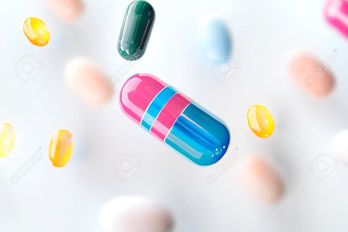 Pillole colorate che volano sopra uno sfondo bianco, effetto levitazione.