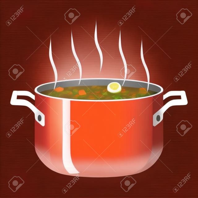 Boiled soup in pot. Hot meal with vegetables, meat. Cartoon flat style.
