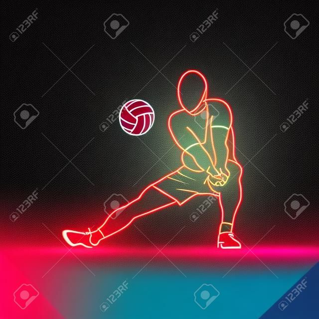 排球运动员在黑色背景下打排球霓虹插图。