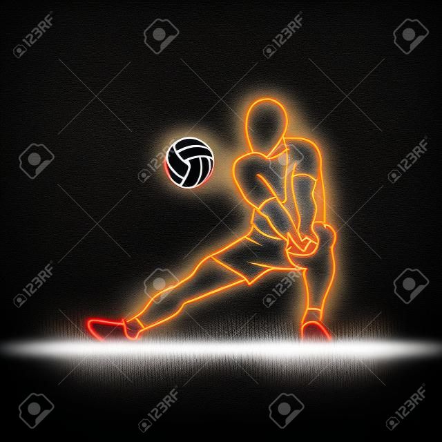 排球运动员在黑色背景下打排球霓虹插图。