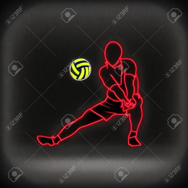 Volleyball-Spieler spielt Volleyball. Neon Illustration auf einem schwarzen Hintergrund.