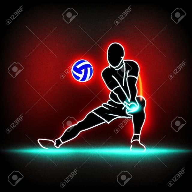 Volleyball player plays volleyball. neon illustration on a black background.