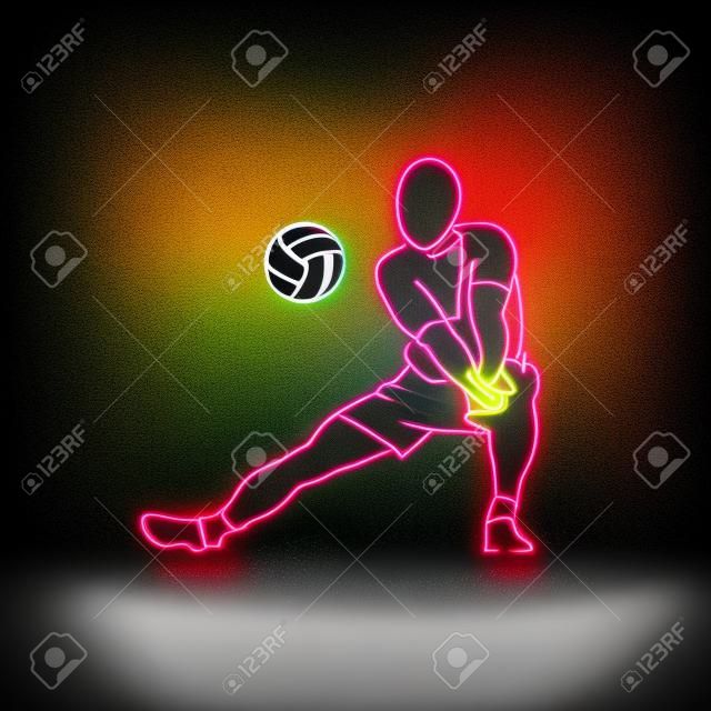 Volleyball-Spieler spielt Volleyball. Neon Illustration auf einem schwarzen Hintergrund.