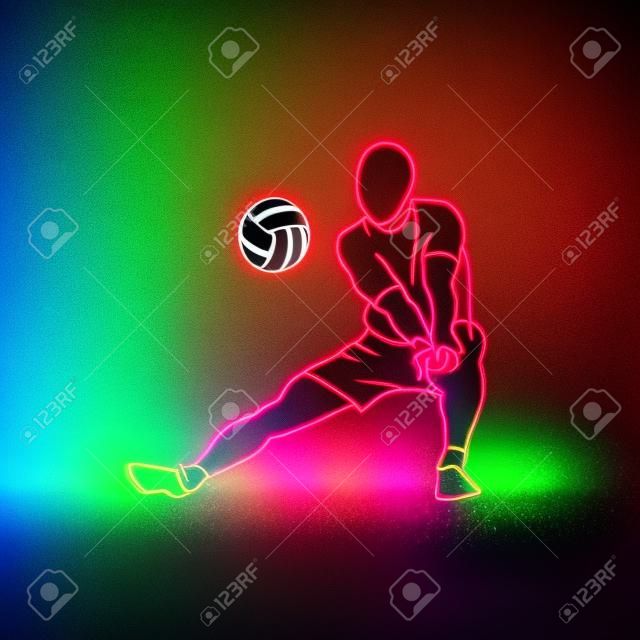 排球運動員打排球。在黑色背景上的霓虹燈圖。