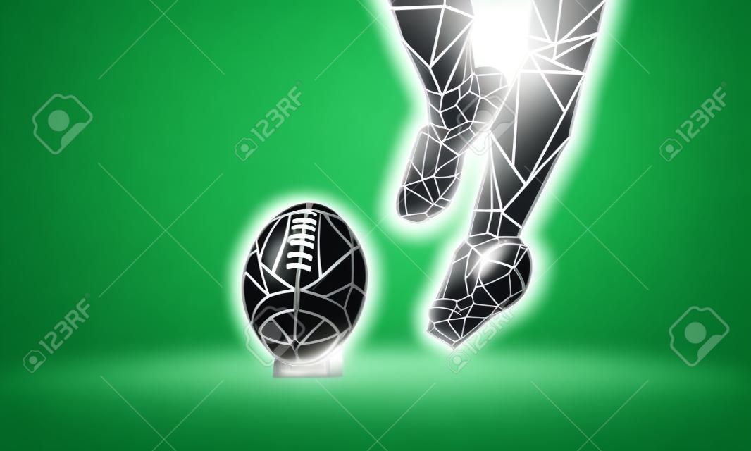 American Football Kickoff. Polygonal green neon background. Legs and Football ball.