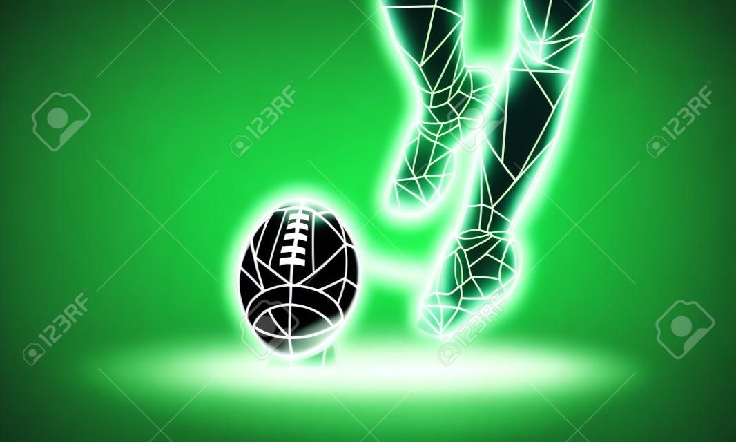 American Football Kickoff. Polygonal green neon background. Legs and Football ball.