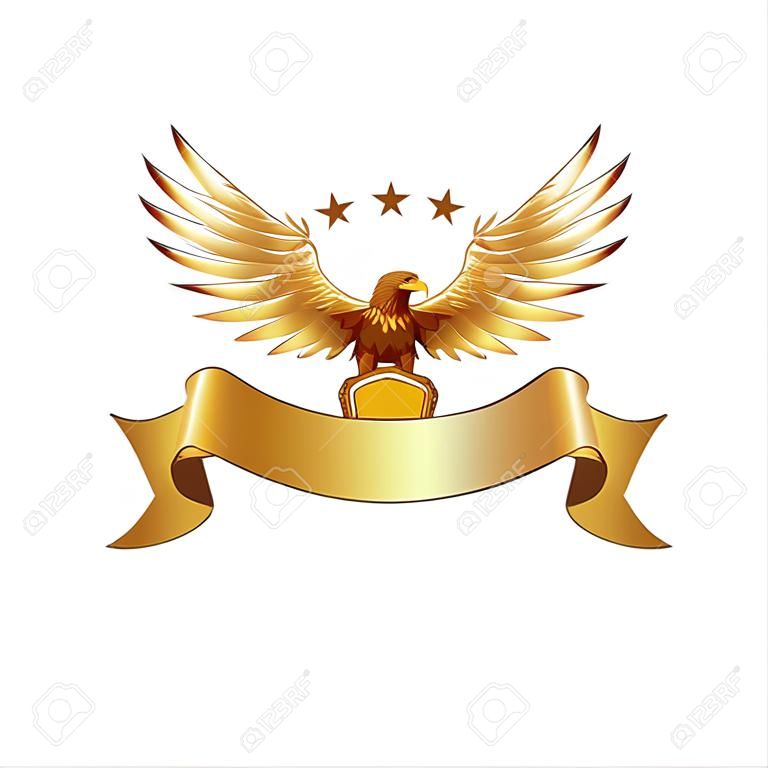Golden Eagle emblem with ribbon. Heraldic eagle with spread wings template and the jewel in its claws.