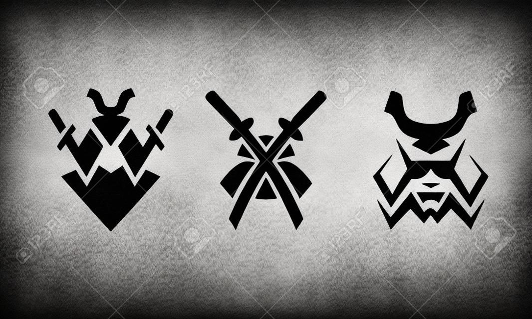 武士和劍。抽象的黑色和白色標誌集。