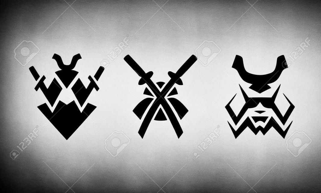 武士和剑。抽象的黑色和白色标志集。