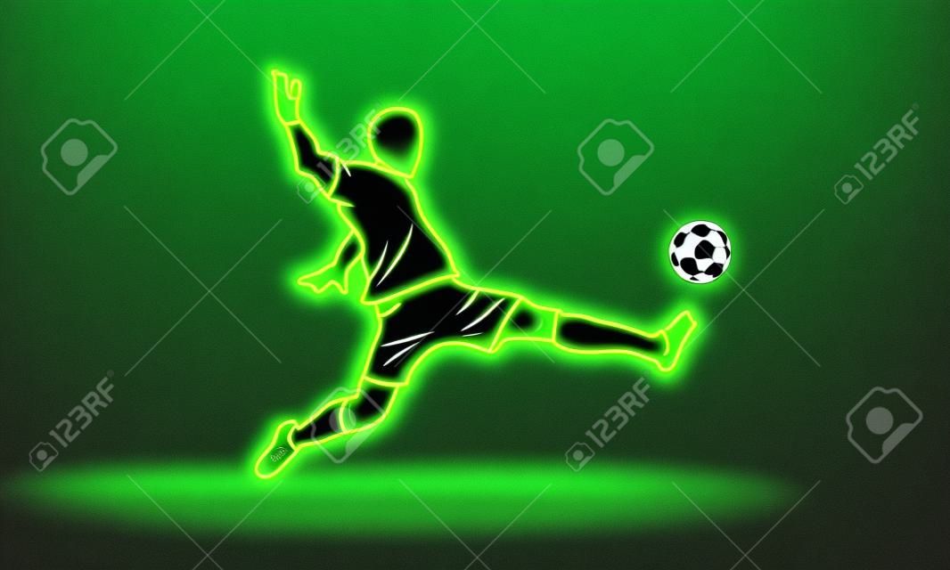 Voetballer. Voetballer slaat de bal in het donker. Vector sport groene neon illustratie.