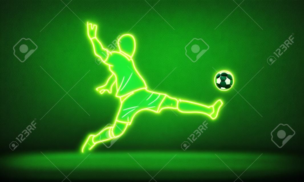 Napastnik piłki nożnej. piłkarz uderza piłkę w ciemności. wektor sport zielony neon ilustracja.