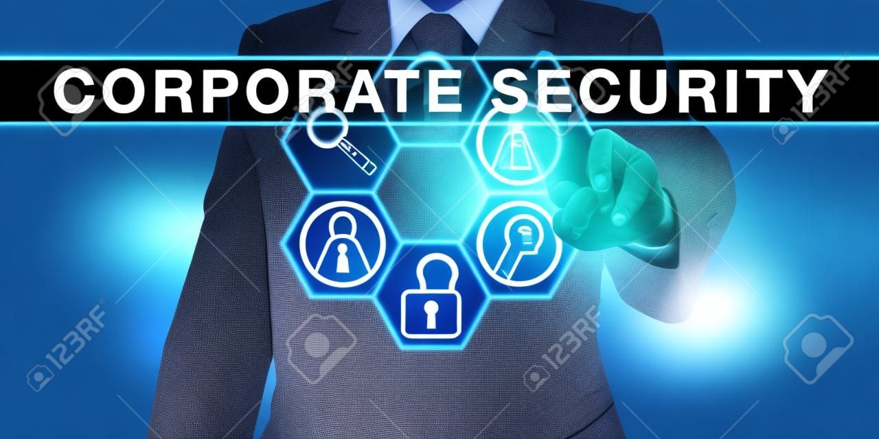 Business manager is touching CORPORATE SECURITY on a virtual interactive control screen. Information technology metaphor and physical security concept. Symmetrical composition with tool icons.