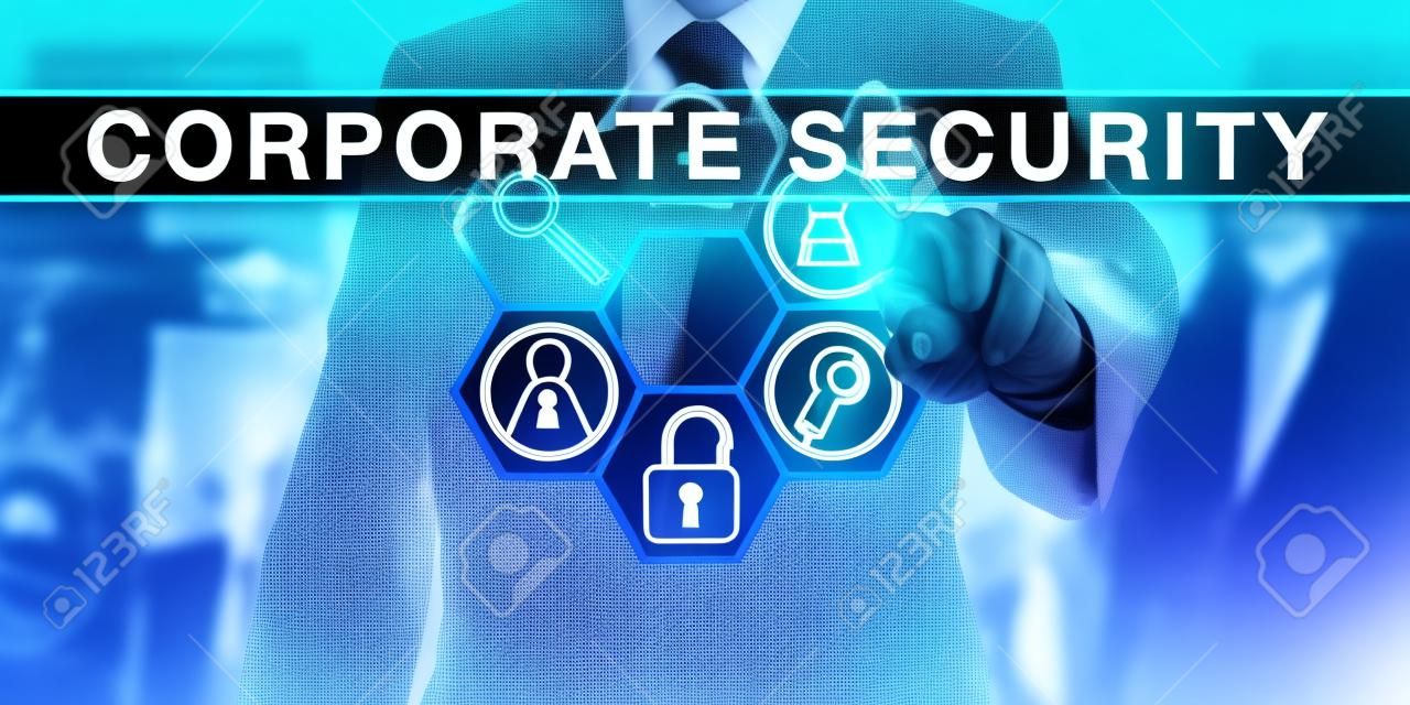 Business manager is touching CORPORATE SECURITY on a virtual interactive control screen. Information technology metaphor and physical security concept. Symmetrical composition with tool icons.