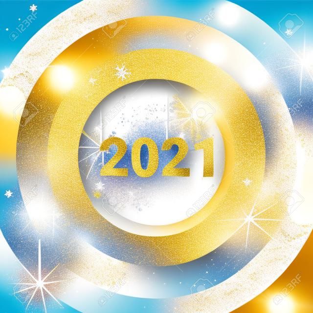 Happy New Year 2021 winter holiday greeting card design template. Party poster, banner or invitation gold glittering stars confetti glitter decoration.