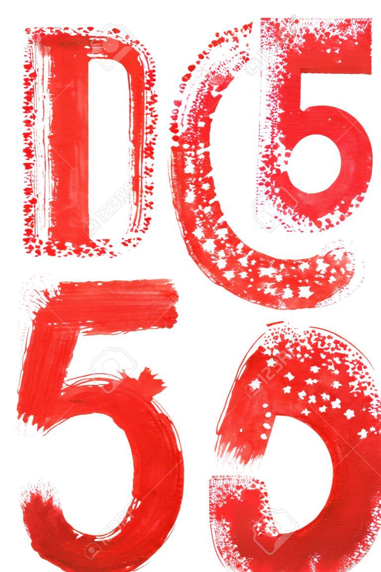 5 - Hand painted red isolated watercolor numbers