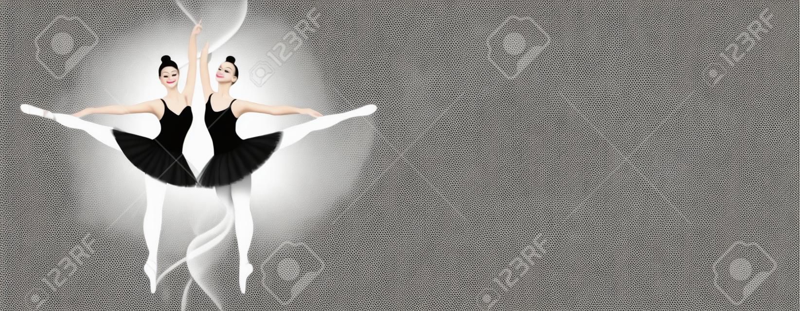 Baile de niñas en tutú en pointes sobre fondo blanco y negro. Bailarina cisne blanco y negro. Banner de ballet para escuela de danza, cursos, espectáculos. Gráficos vectoriales con espacio de copia.