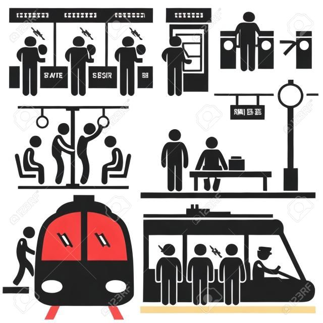 Train Commuter Állomás Metró férfi emberek Utasok pálcikaember Piktogram Ikon