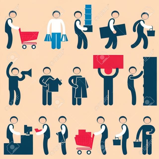 Panier d'achat Man gens Queue du marché de détail Vente Commerce Commercial Icône Symbole Pictogramme Connexion