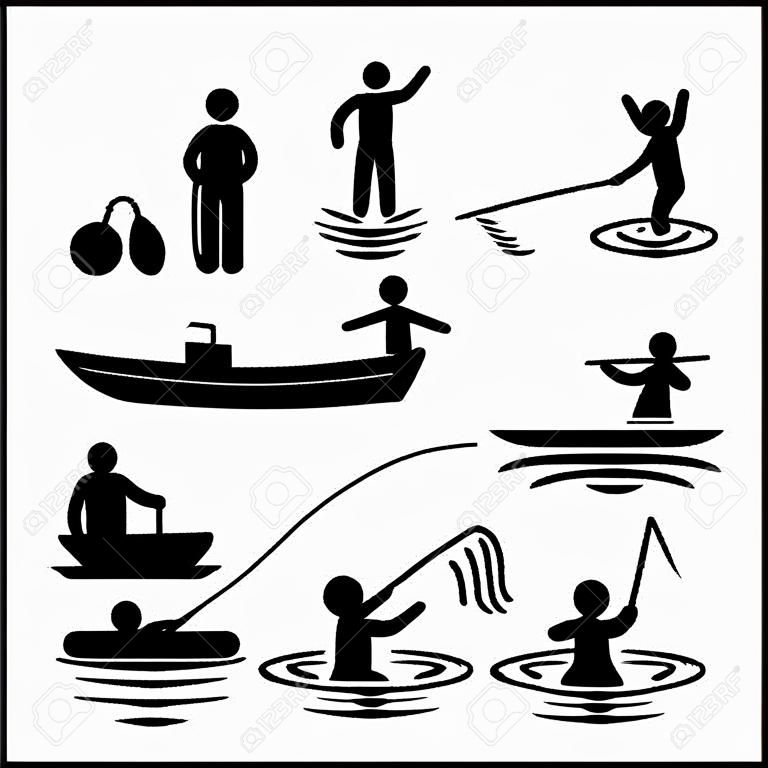 Menschen Kinder Freizeit Schwimmen Fischen Playing at River Water Stick Figure Piktogramm Icon