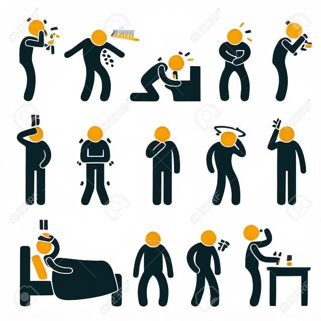 Chory chory Grypa GorÄ…czka Kaszel zimno Sneeze Vomit Disease Stick Figure Icon Piktogram