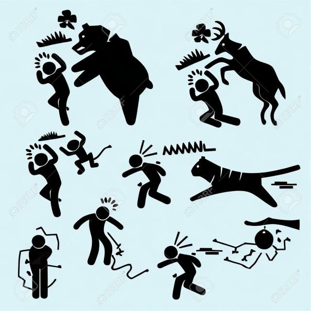 Wild Animal Angreifen verletzen Menschenstrichmännchen-Icon-Piktogramm