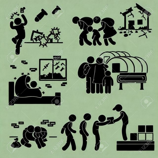 Évacué réfugiés de guerre Stick Figure pictogrammes icônes