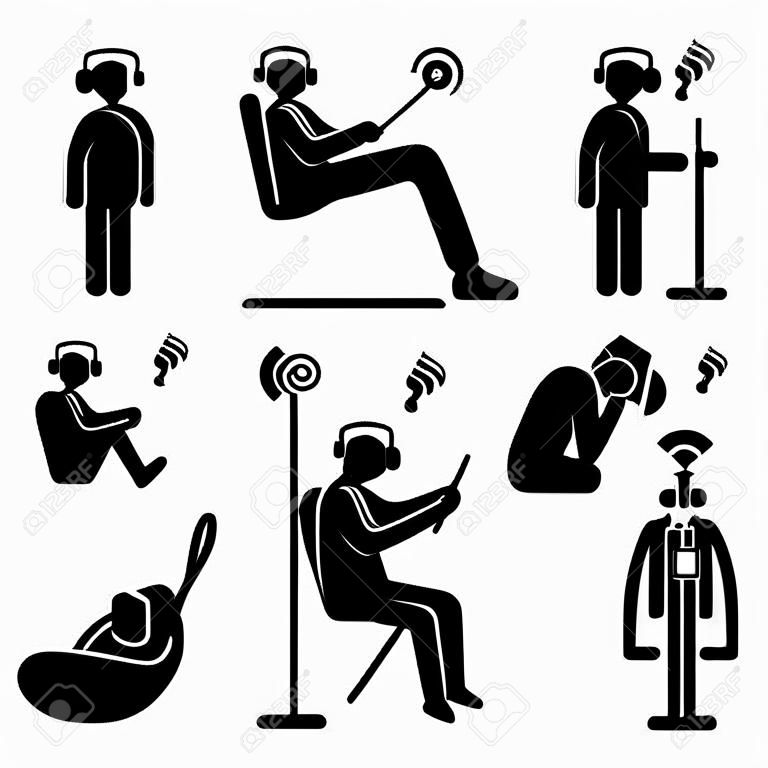 Man Écouter de la musique avec des écouteurs casque Stick Figure pictogrammes icônes