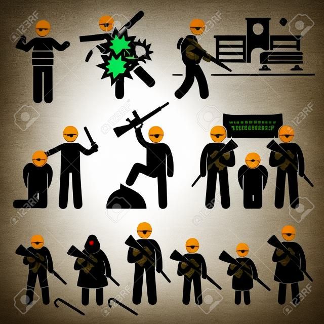 Terrorist Terrorism Suicide Bomber Stick Figure Pictogram Icons
