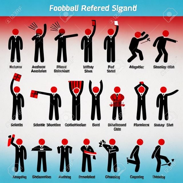 Fußball-Fußball-Schiedsrichter Beamte Hand Signale Strichmännchen-Piktogramm Icons