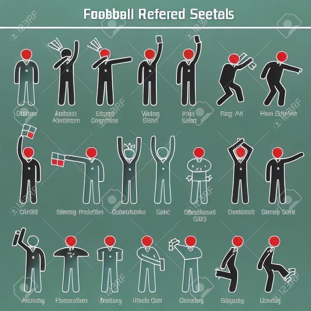 Fußball-Fußball-Schiedsrichter Beamte Hand Signale Strichmännchen-Piktogramm Icons