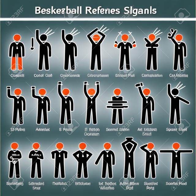 Basketball árbitros oficiais mão sinais vara figura pictograma ícones