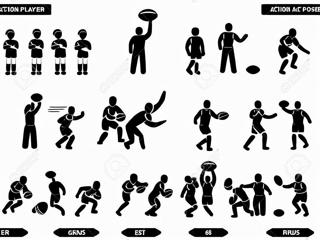 Ações de jogador de rugby Poses Stick Figure cones de pictograma