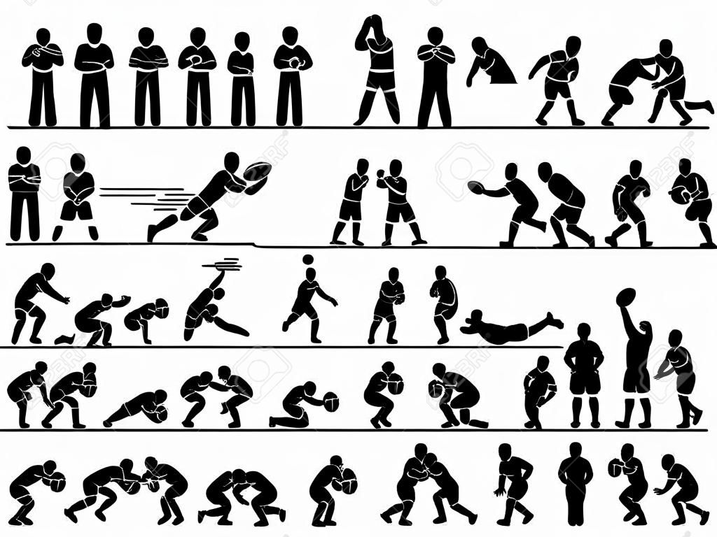 Actions Joueur de rugby Poses Stick Figure pictogrammes Icônes